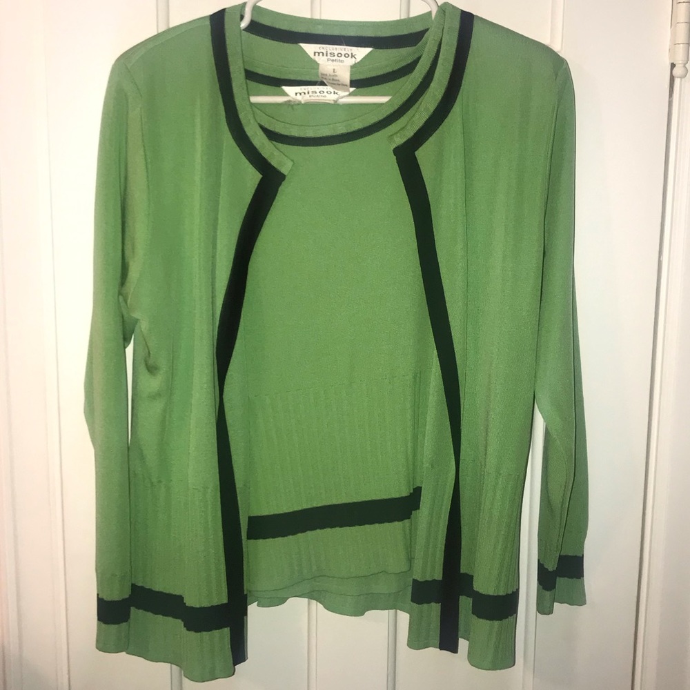 Pretty green with black trim sweater set.
